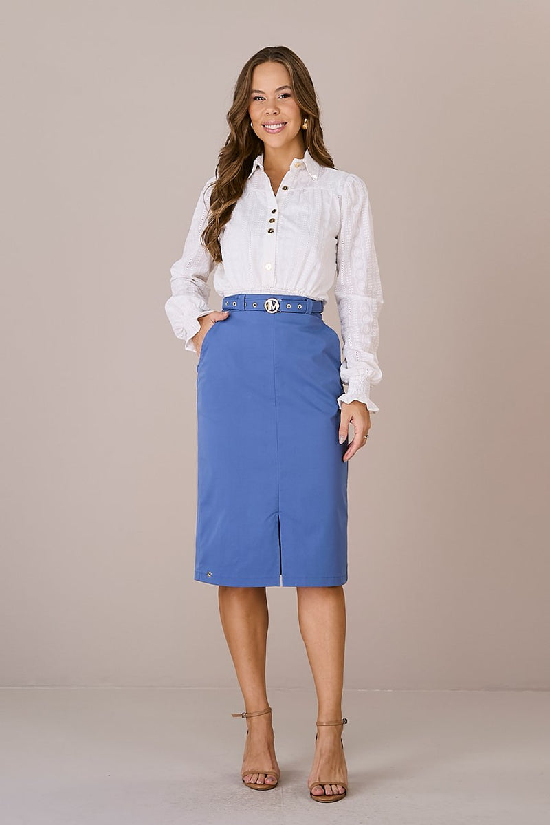 Saia Azul Midi Alfaiataria Justa Fernanda Tatá Martello
