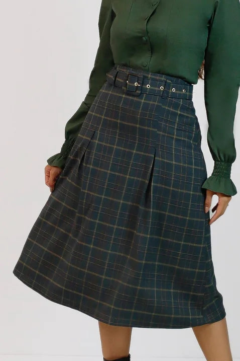 Saia Verde Xadrez Midi Camélia Nítido Jeans