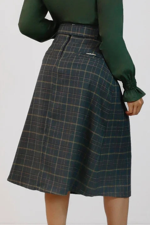 Saia Verde Xadrez Midi Camélia Nítido Jeans