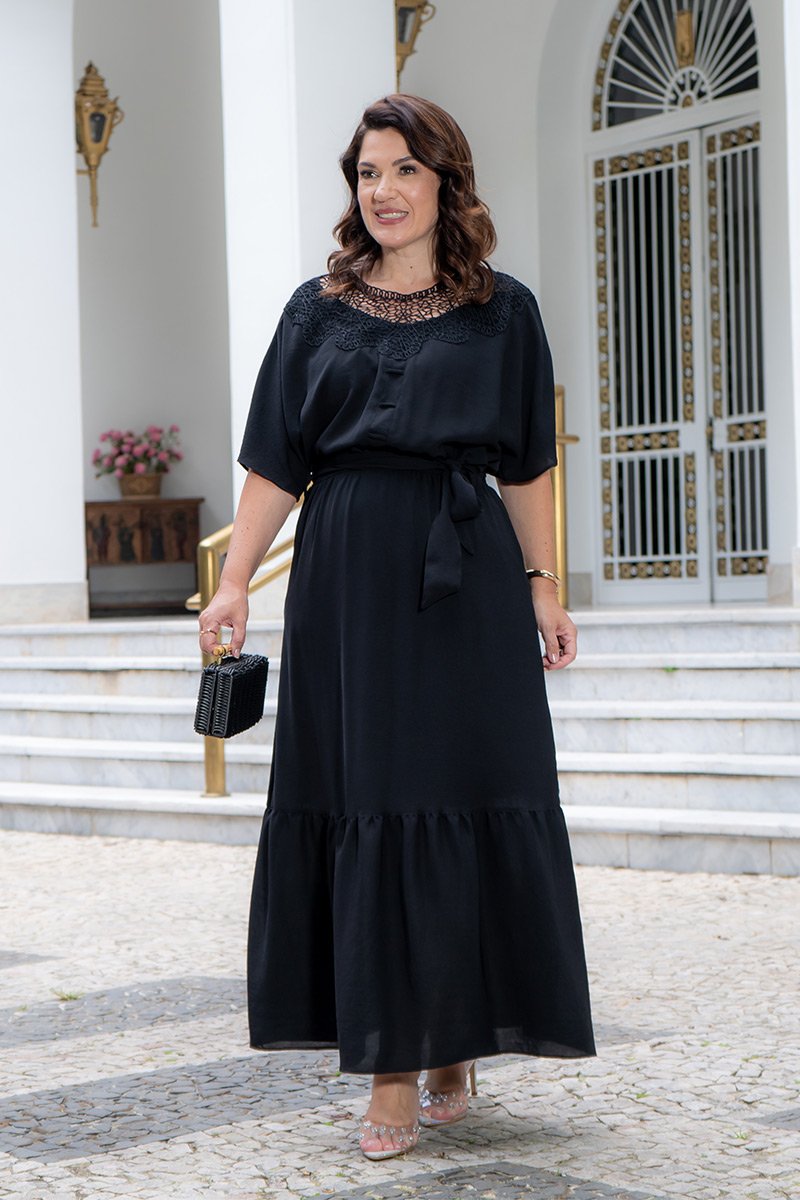 Vestido Maxi Luciana Pais Alfaitaria Viscose Leve Manga Sino