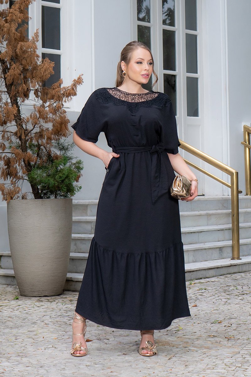 Vestido Maxi Luciana Pais Alfaitaria Viscose Leve Manga Sino
