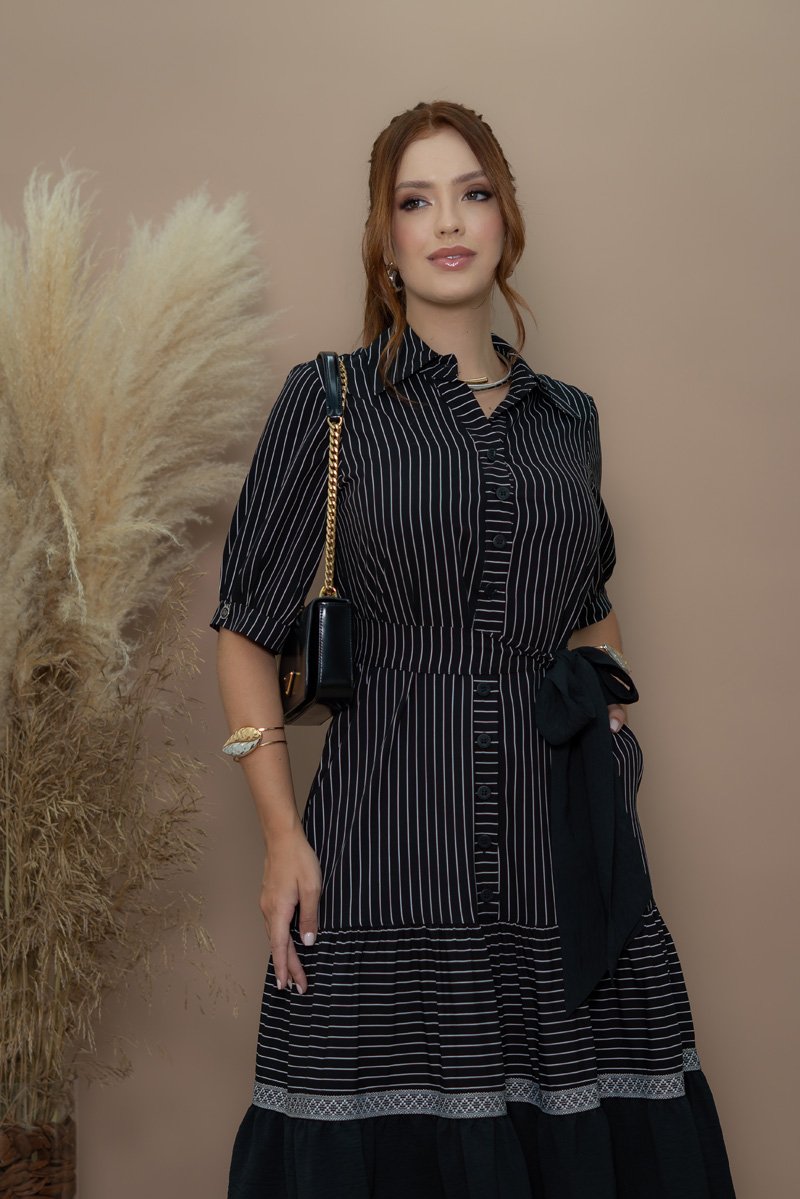 Vestido Luciana Pais Midi Bandagem Fenda Lateral Botões Dourados