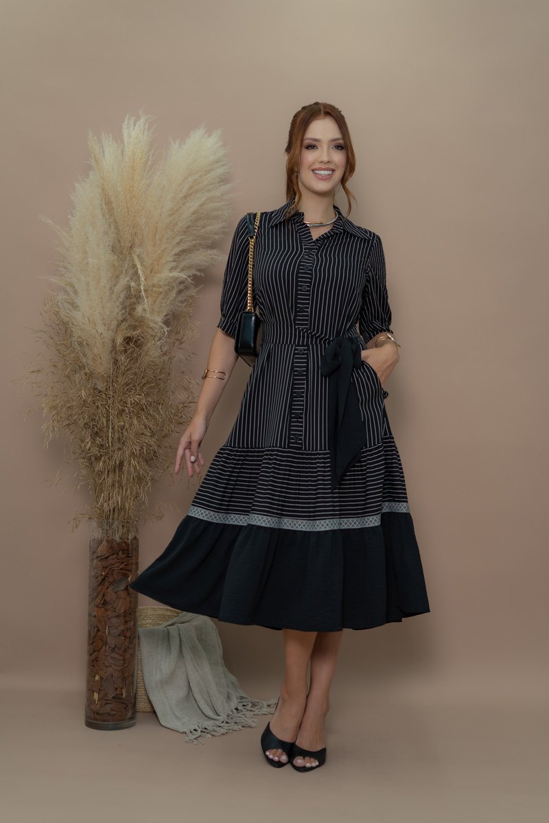 Vestido Luciana Pais Midi Bandagem Fenda Lateral Botões Dourados
